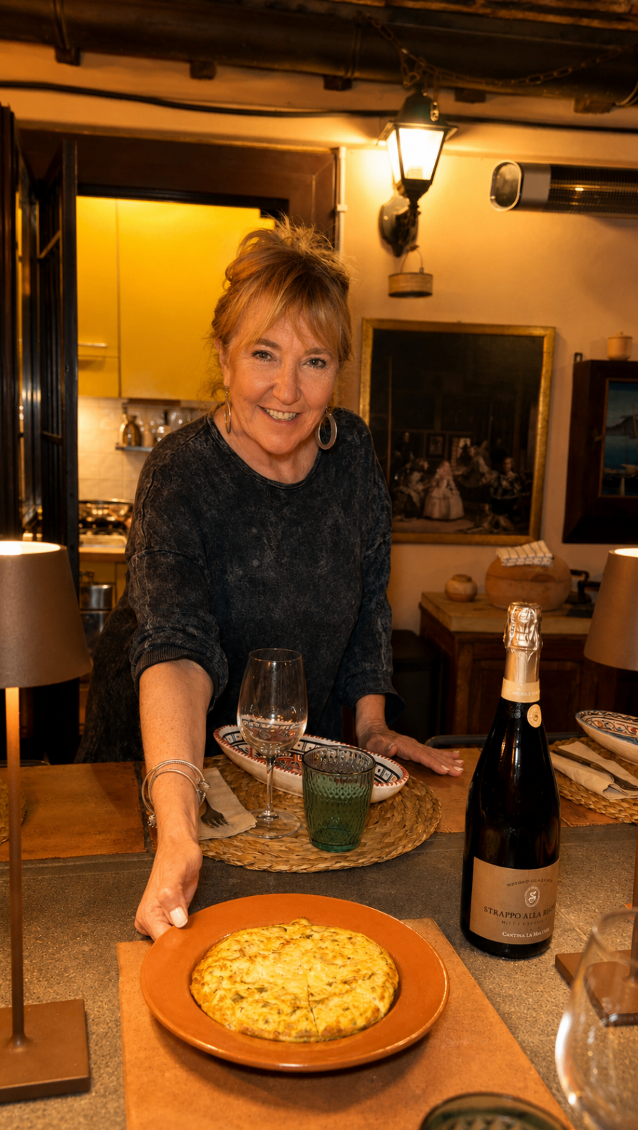 Mariella serving a warm dish across the table in her home