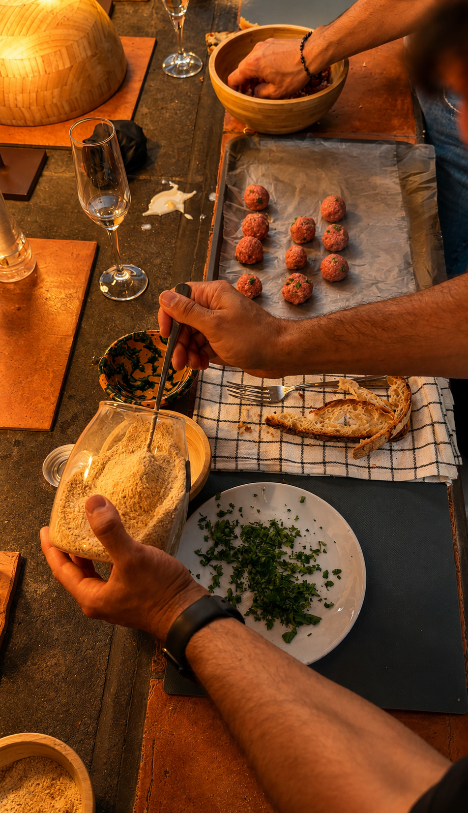 Hands shaping homemade polpette inside a wooden bowl on a terracotta surface
